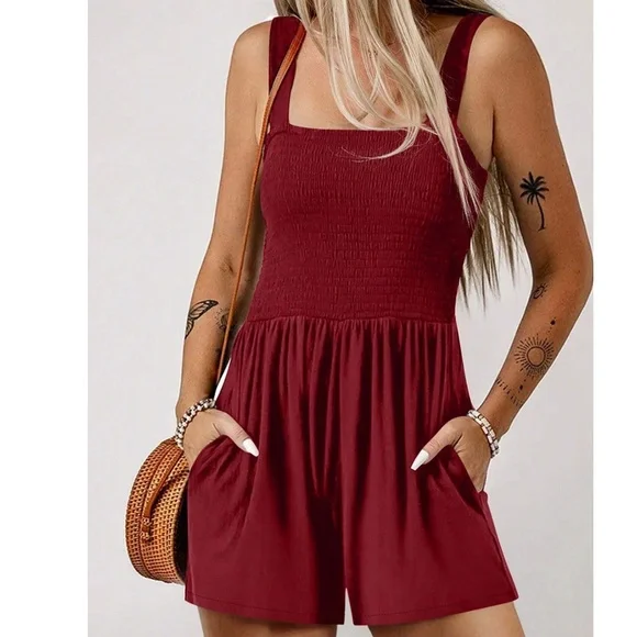 Boho Smocked Bodice Pockets Cami Solid Romper - Picture 3 of 7